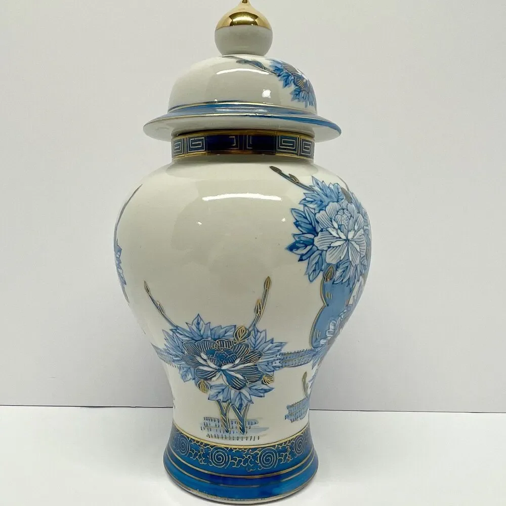Vintage Heygill Imports Japan Peacock Ginger Jar Blue, wht & Gold Lidded-EXCL